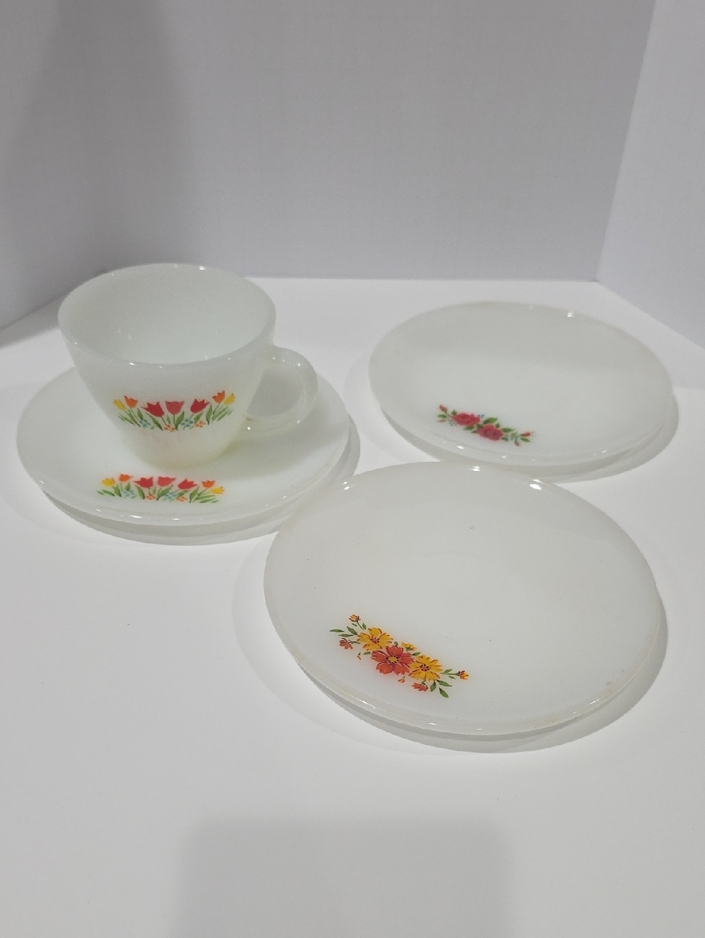 Fire King White Milk Glass Tea Cup and Floral Saucers Set Tulips